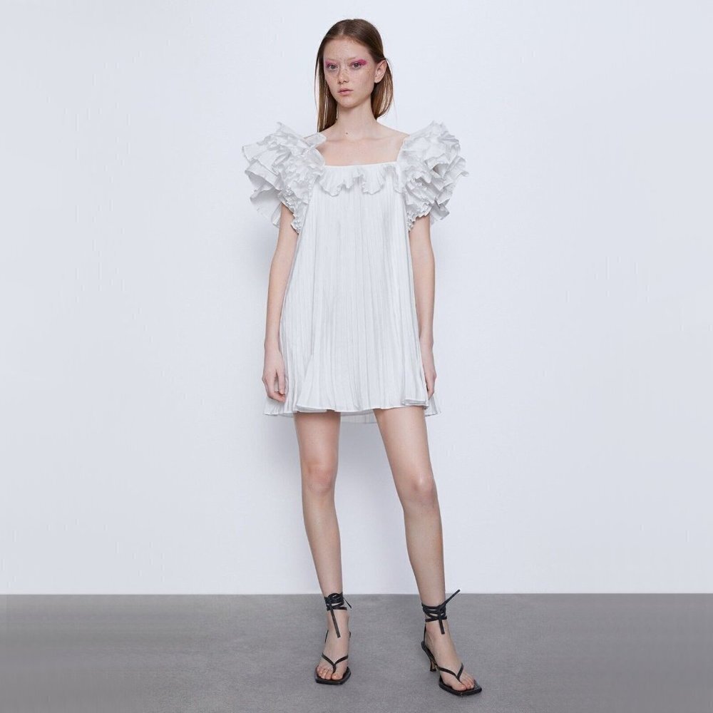 NWT Zara white pleated ruffle shoulder mini dress, L